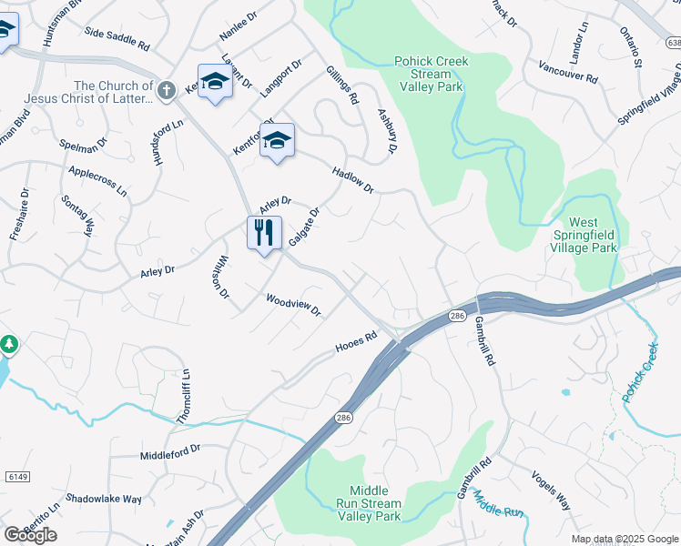 map of restaurants, bars, coffee shops, grocery stores, and more near 7194 Briarcliff Drive in Springfield