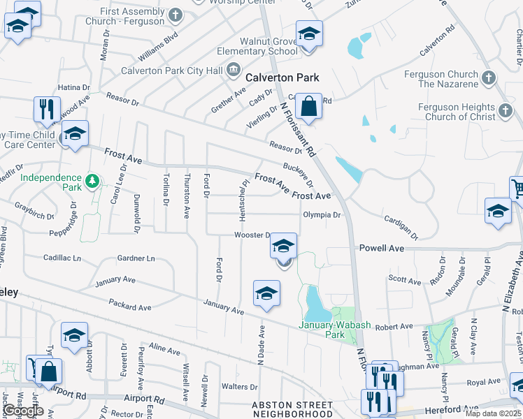 map of restaurants, bars, coffee shops, grocery stores, and more near 235 Olympia Drive in Ferguson