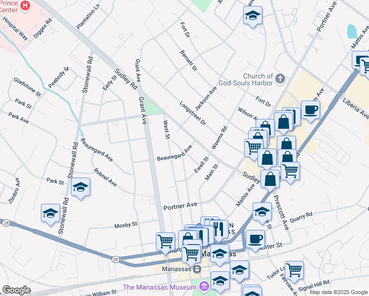 map of restaurants, bars, coffee shops, grocery stores, and more near 9228 Beauregard Avenue in Manassas