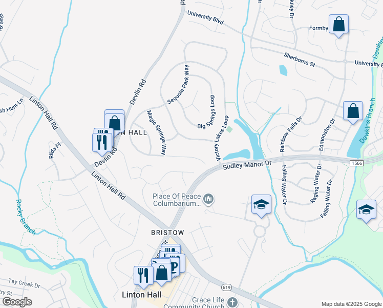 map of restaurants, bars, coffee shops, grocery stores, and more near 9125 Acadia Park Drive in Bristow