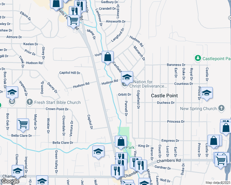 map of restaurants, bars, coffee shops, grocery stores, and more near 2165 Orbitt Drive in St. Louis