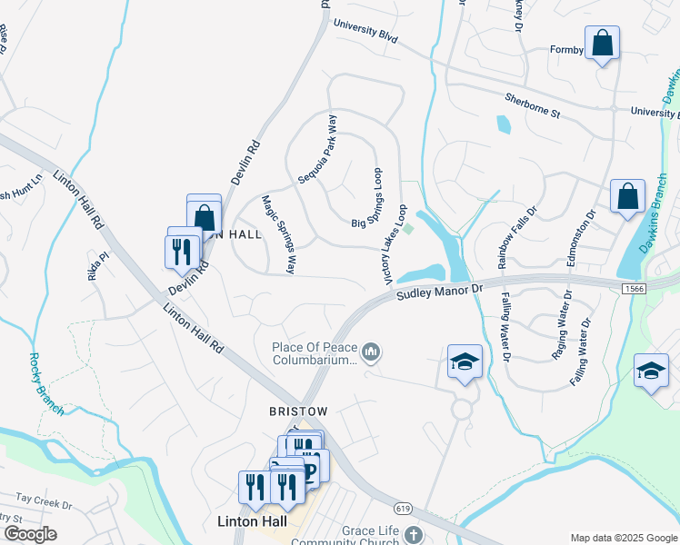 map of restaurants, bars, coffee shops, grocery stores, and more near 9125 Acadia Park Drive in Bristow