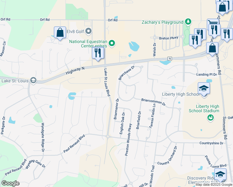 map of restaurants, bars, coffee shops, grocery stores, and more near 1347 Briarchase Drive in Lake Saint Louis