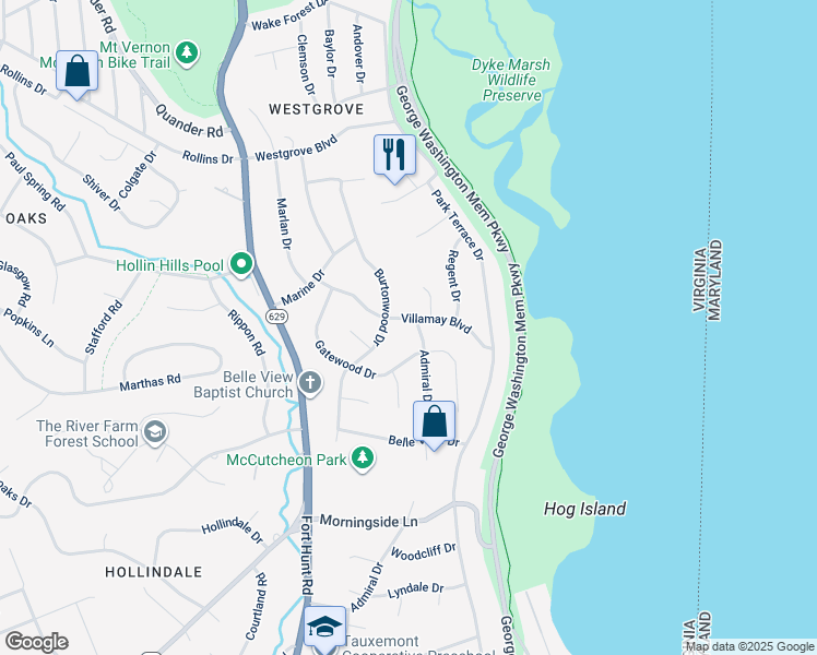 map of restaurants, bars, coffee shops, grocery stores, and more near 1201 Villamay Boulevard in Alexandria