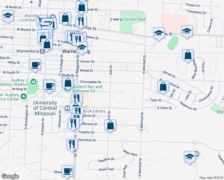 map of restaurants, bars, coffee shops, grocery stores, and more near 405 Zoll Street in Warrensburg