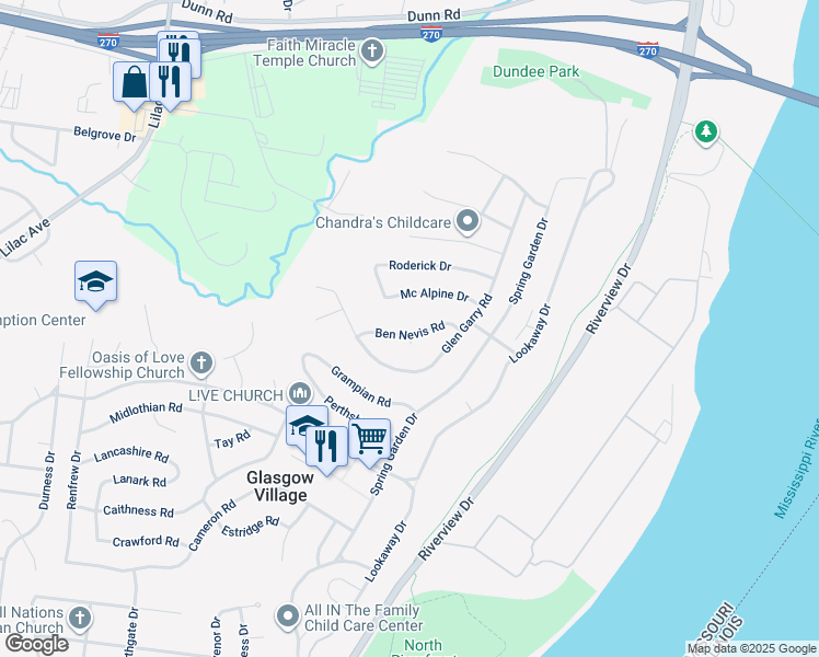 map of restaurants, bars, coffee shops, grocery stores, and more near 167 Ben Nevis Road in St. Louis