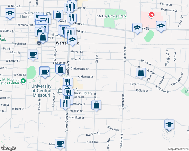 map of restaurants, bars, coffee shops, grocery stores, and more near 411 Anderson Street in Warrensburg
