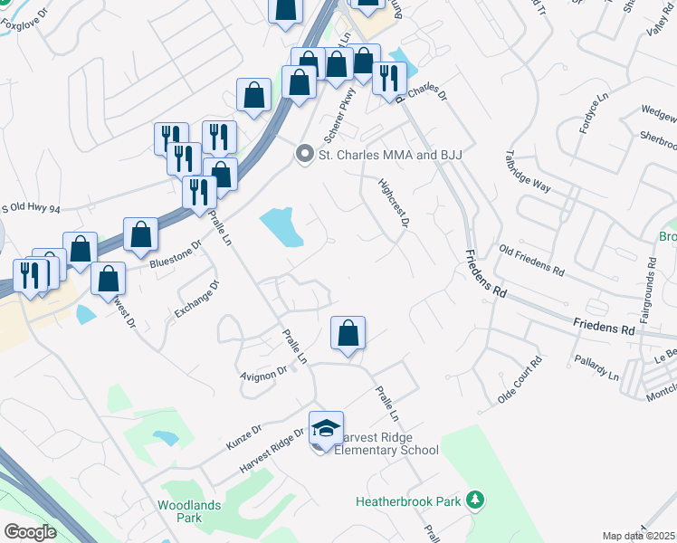 map of restaurants, bars, coffee shops, grocery stores, and more near 45 Honey Locust Lane in Saint Charles