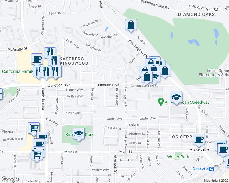 map of restaurants, bars, coffee shops, grocery stores, and more near 35 Patricia Way in Roseville