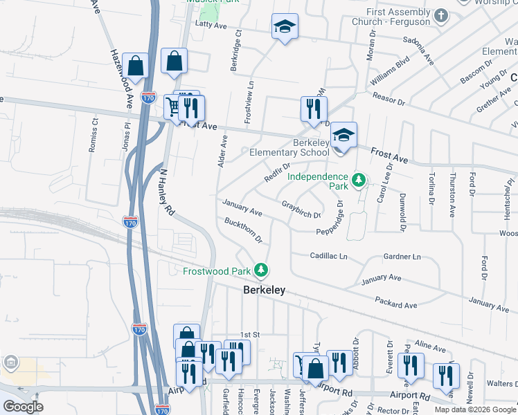 map of restaurants, bars, coffee shops, grocery stores, and more near 8425 January Avenue in Berkeley