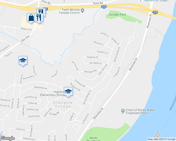 map of restaurants, bars, coffee shops, grocery stores, and more near 205 Ben Nevis Road in St. Louis