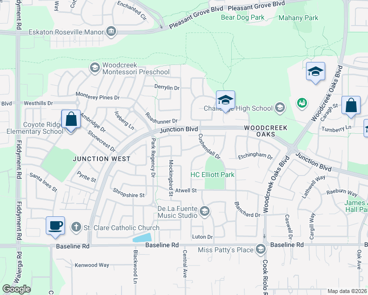 map of restaurants, bars, coffee shops, grocery stores, and more near 1784 Grouse Run Circle in Roseville