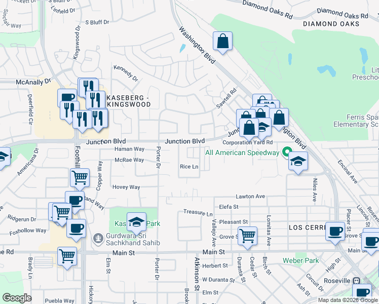 map of restaurants, bars, coffee shops, grocery stores, and more near 47 Marty Circle in Roseville