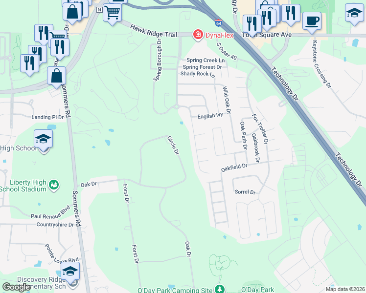 map of restaurants, bars, coffee shops, grocery stores, and more near 2296 Circle Drive in O'Fallon