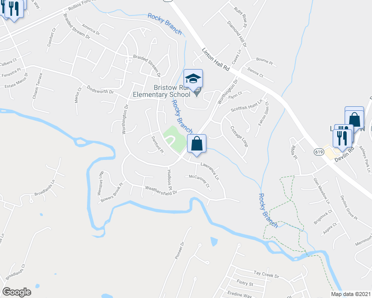 map of restaurants, bars, coffee shops, grocery stores, and more near Worthington Drive in Bristow