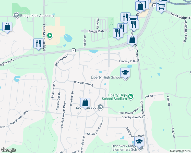 map of restaurants, bars, coffee shops, grocery stores, and more near 634 Country Heights Drive in Lake Saint Louis