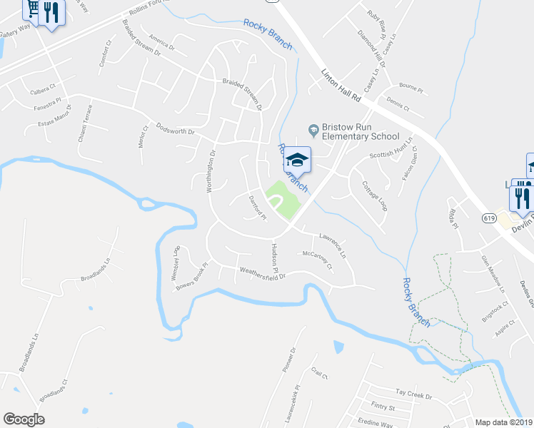 map of restaurants, bars, coffee shops, grocery stores, and more near 9171 Dartford Place in Bristow