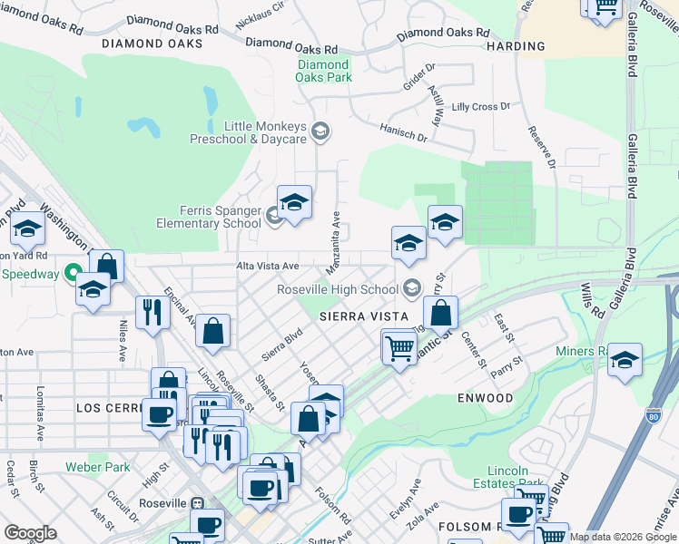 map of restaurants, bars, coffee shops, grocery stores, and more near 512 Manzanita Avenue in Roseville