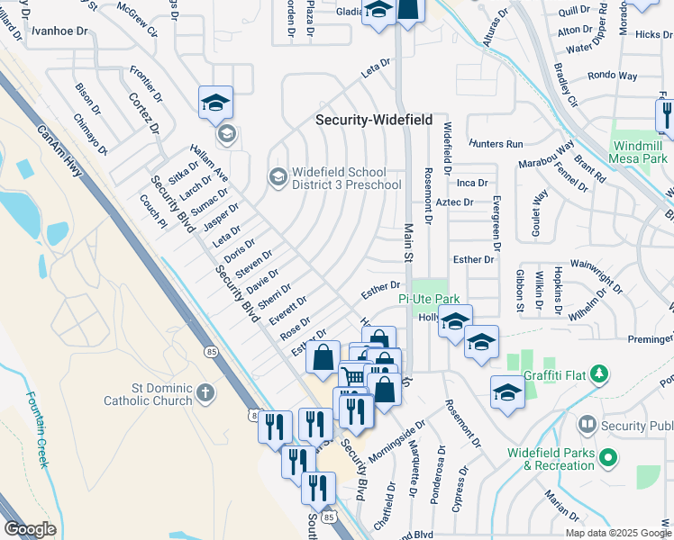 map of restaurants, bars, coffee shops, grocery stores, and more near 209 Everett Drive in Colorado Springs