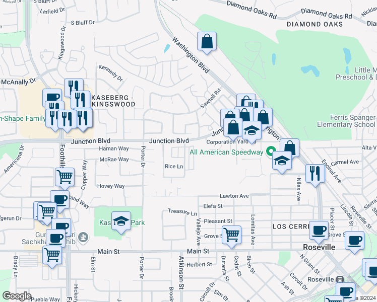 map of restaurants, bars, coffee shops, grocery stores, and more near 512 Adora Circle in Roseville