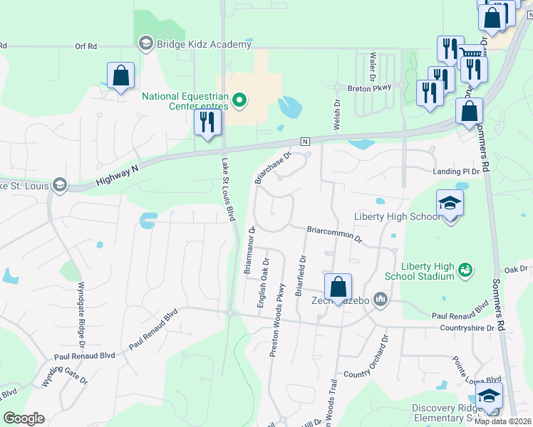 map of restaurants, bars, coffee shops, grocery stores, and more near 62 Briarchase Court in Lake Saint Louis