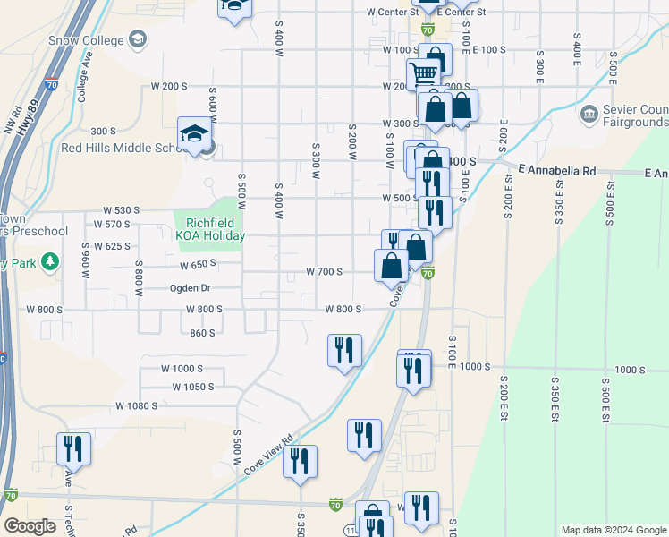 map of restaurants, bars, coffee shops, grocery stores, and more near 250 West 700 South in Richfield