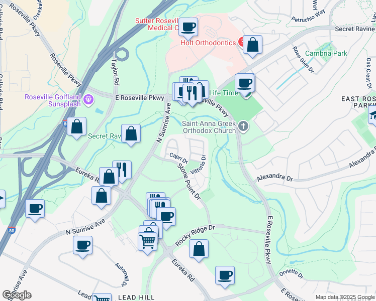 map of restaurants, bars, coffee shops, grocery stores, and more near 2129 Capri Drive in Roseville