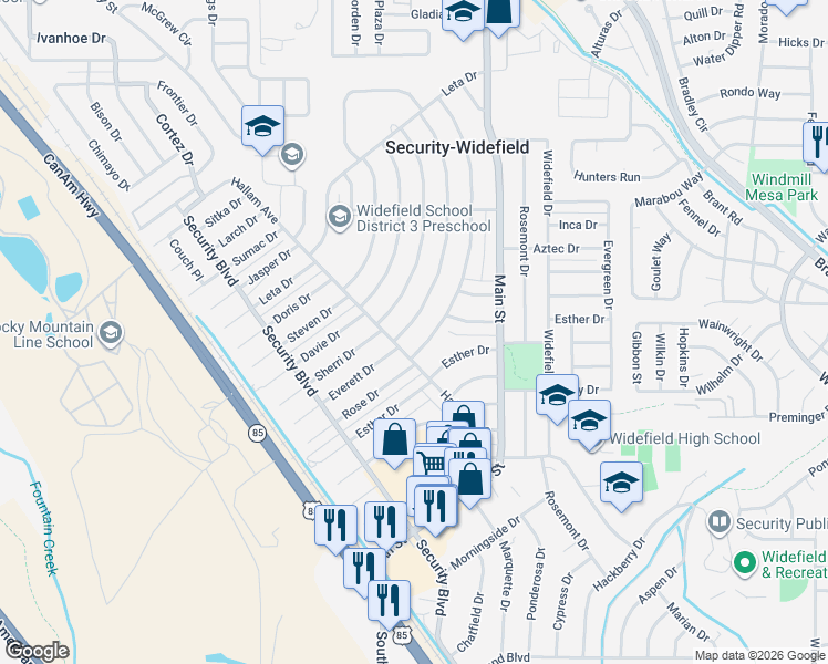 map of restaurants, bars, coffee shops, grocery stores, and more near 209 Everett Drive in Colorado Springs