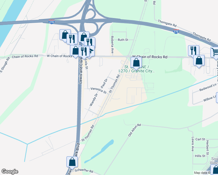 map of restaurants, bars, coffee shops, grocery stores, and more near 1142 Saint Thomas Road in Granite City
