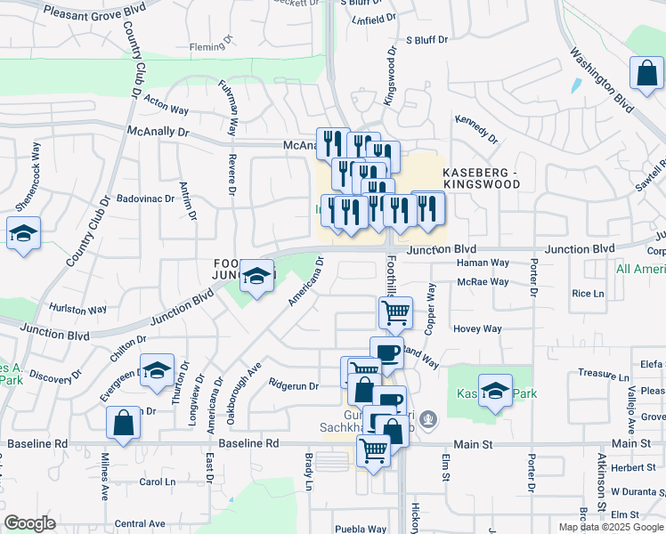 map of restaurants, bars, coffee shops, grocery stores, and more near 1013 Old Mill Circle in Roseville