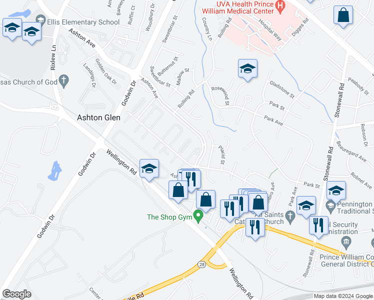 map of restaurants, bars, coffee shops, grocery stores, and more near 9078 McClellan Cmn in Manassas