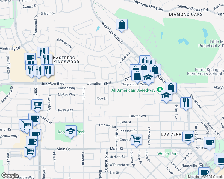 map of restaurants, bars, coffee shops, grocery stores, and more near 321 Adora Circle in Roseville