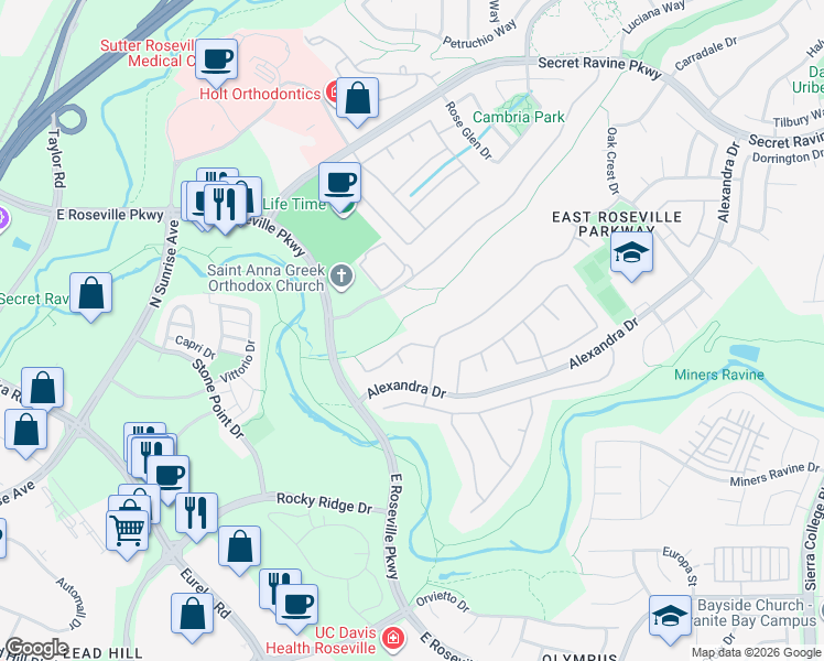 map of restaurants, bars, coffee shops, grocery stores, and more near 108 Lost Oak Court in Roseville