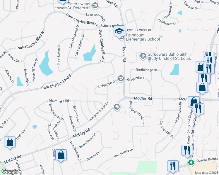 map of restaurants, bars, coffee shops, grocery stores, and more near 4094 Bridgehampton Drive in Saint Charles