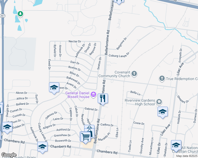 map of restaurants, bars, coffee shops, grocery stores, and more near 10336 Seaton Drive in St. Louis