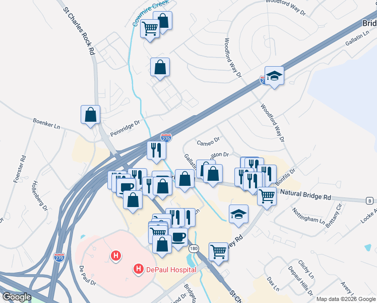 map of restaurants, bars, coffee shops, grocery stores, and more near 4154 Gallatin Lane in Bridgeton