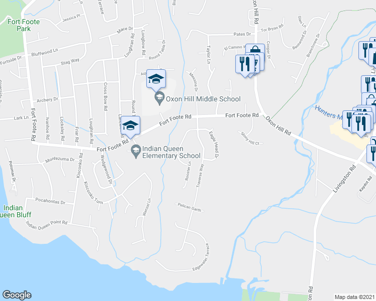 map of restaurants, bars, coffee shops, grocery stores, and more near 9603 Rooster Lane in Fort Washington