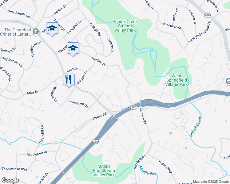 map of restaurants, bars, coffee shops, grocery stores, and more near 7208 Adrienne Glen Avenue in Springfield