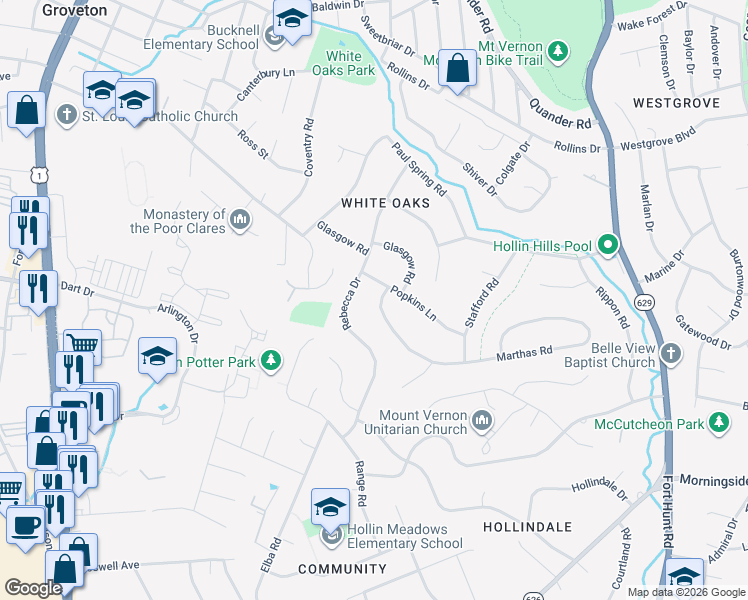 map of restaurants, bars, coffee shops, grocery stores, and more near 2217 Marthas Road in Alexandria
