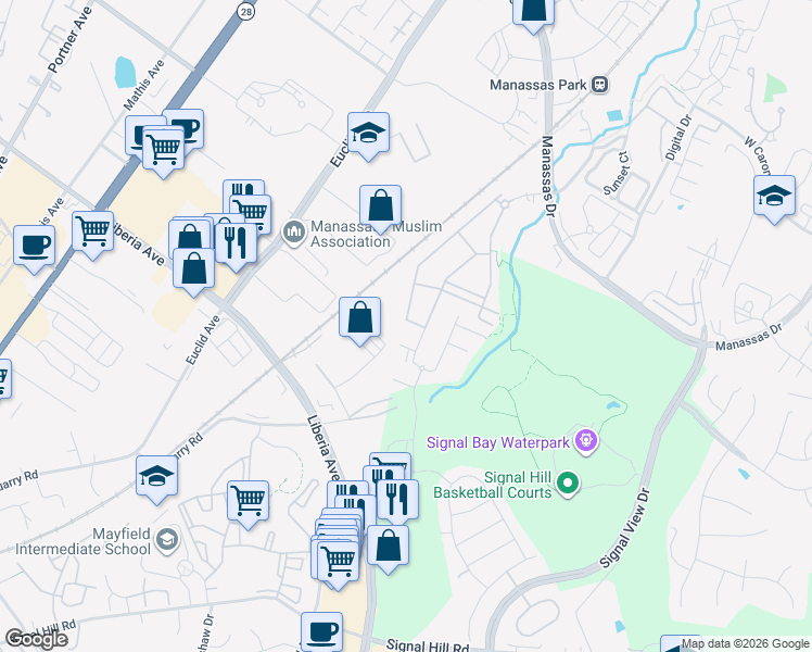 map of restaurants, bars, coffee shops, grocery stores, and more near 8215 Handsome Joe Lane in Manassas