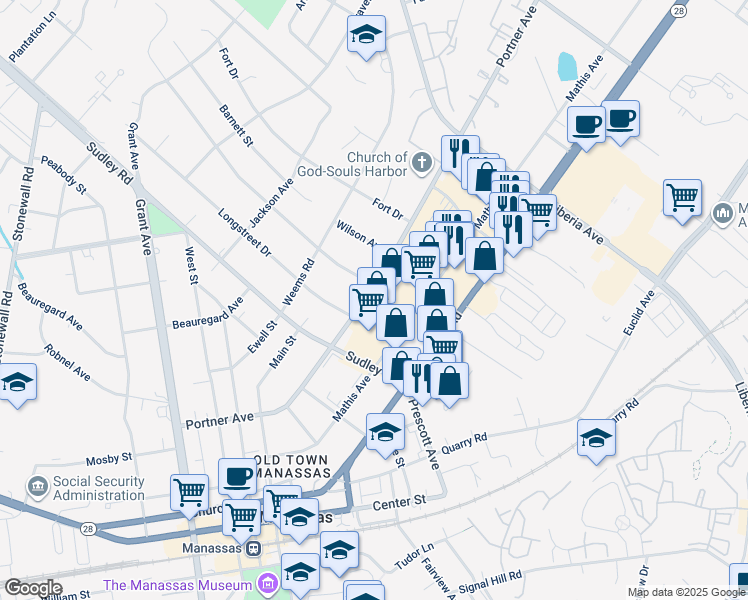 map of restaurants, bars, coffee shops, grocery stores, and more near 9111 Portner Avenue in Manassas