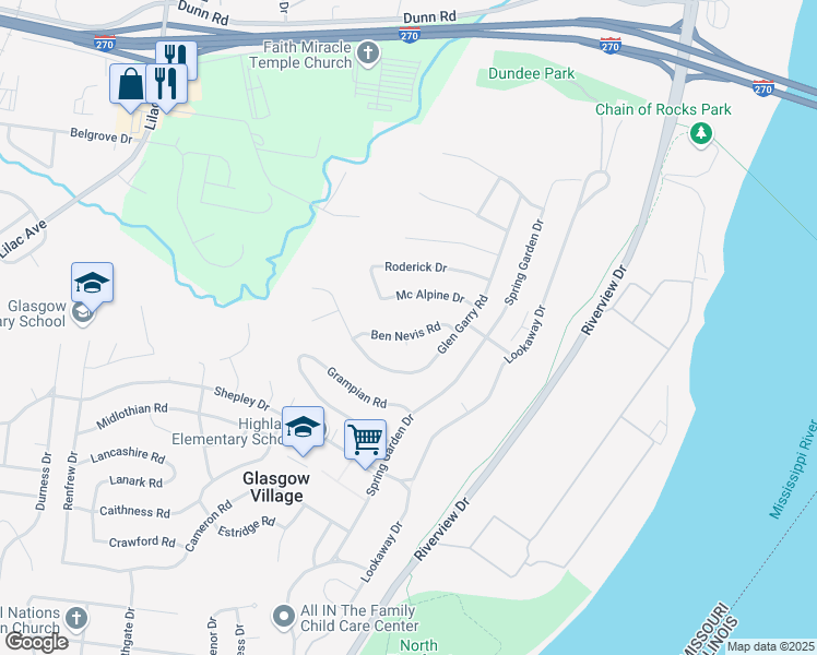 map of restaurants, bars, coffee shops, grocery stores, and more near 163 Ben Nevis Road in Saint Louis
