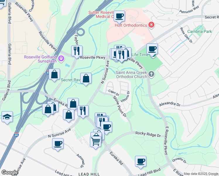map of restaurants, bars, coffee shops, grocery stores, and more near 3016 Mercato Way in Roseville