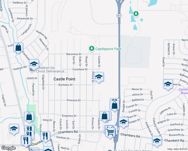map of restaurants, bars, coffee shops, grocery stores, and more near 10350 Prince Drive in St. Louis