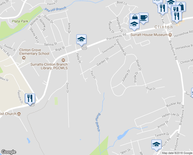 map of restaurants, bars, coffee shops, grocery stores, and more near 9410 Paul Drive in Clinton