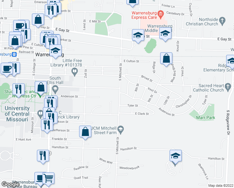 map of restaurants, bars, coffee shops, grocery stores, and more near 402 South Mitchell Street in Warrensburg