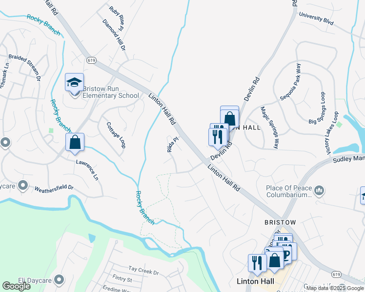 map of restaurants, bars, coffee shops, grocery stores, and more near 12928 Roberts Ridge Court in Bristow