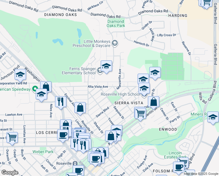 map of restaurants, bars, coffee shops, grocery stores, and more near 416 Alta Vista Avenue in Roseville