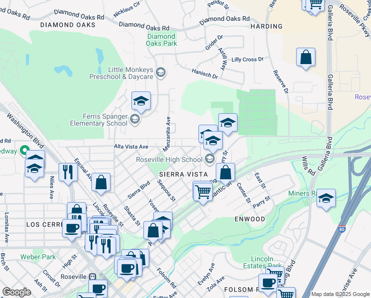 map of restaurants, bars, coffee shops, grocery stores, and more near 601 Sierra Boulevard in Roseville
