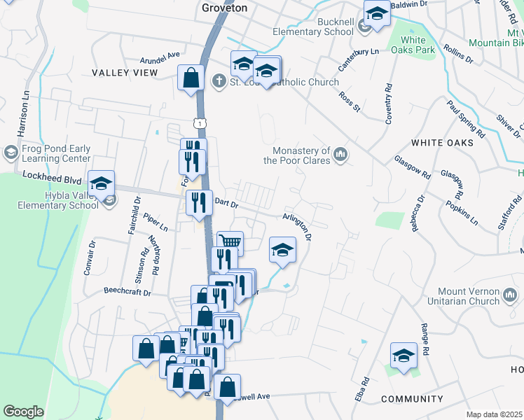 map of restaurants, bars, coffee shops, grocery stores, and more near 2808 Dart Drive in Alexandria